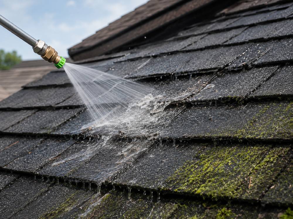 Pressure washing roof